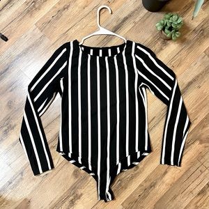 Long Sleeve Body Suit in Black and White Strips
